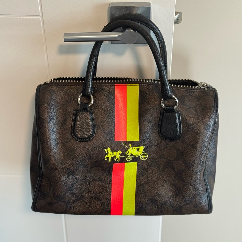 Coach Signature Stripe Bennett Heritage Satchel Handbag with Neon Stripe